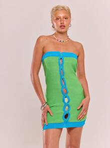 MUSERA Knitted Button Through Bandeau Mini Dress Summer Pastel Spring, Festival, Concert, Rave, Ibiza, Vacation