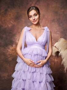 Faeriesty Dressalisa Maternity Backless Layered Tulle Hem Photography Dress - Lilac Purple - View 8
