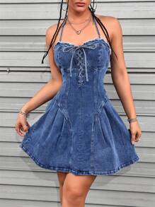 SHEIN ICON Women's Summer Casual Washed Denim Dress With Eyelet Tie - Dark Wash - View 4