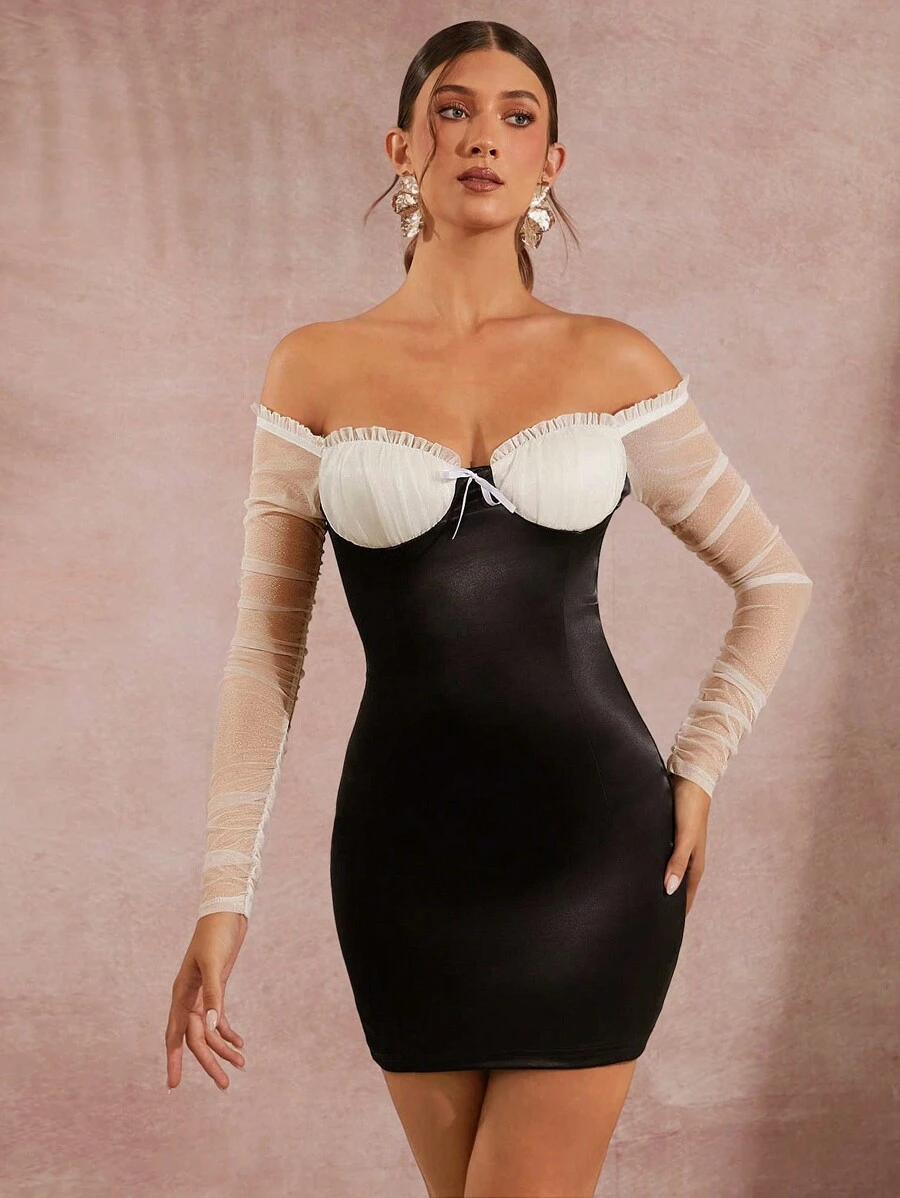 L'Amorae 夏季露肩網紗對比包身洋裝 - 黑色 - 查看 1