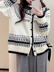 Geo Pattern Raglan Sleeve Cardigan For Spring And Autumn