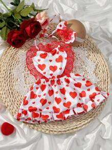 Love-Shaped Red Lace Newborn Baby Photography Dress With Bow Decorations And Bow Headband - Red - View 5