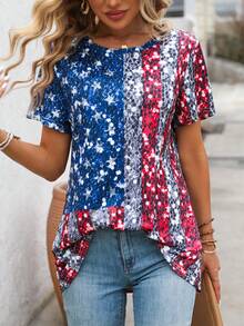 SHEIN LUNE 夏季休閒仿鑽石印花圓領短袖t恤 - 彩色 - 查看 3