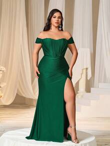 Faeriesty Plus Size Elegant Off-Shoulder Bodycon Ruched Hem Formal Evening Gown - Dark Green - View 5