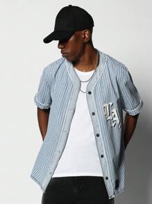 SUMWON Washed Stripe Baller Shirt With LA Graphic Print - Blue - View 4