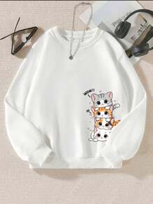 SHEIN Áo nỉ in hình mèo con dễ thương cho bé gái tuổi mới lớn mùa thu/đông - trắng - Xem 1