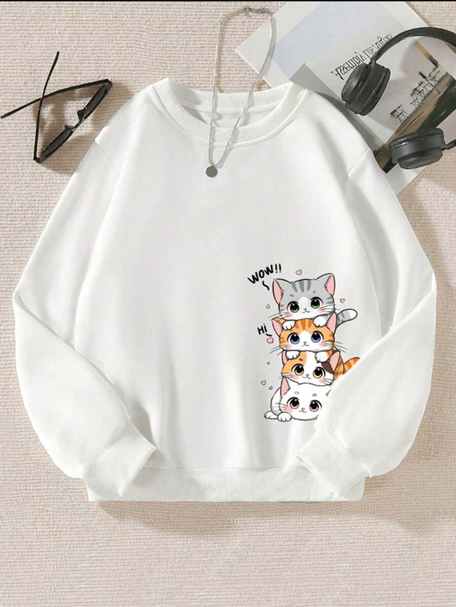 SHEIN Áo nỉ in hình mèo con dễ thương cho bé gái tuổi mới lớn mùa thu/đông - trắng - Xem 1