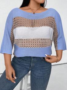 SHEIN LUNE Plus Colorblock Pointelle Knit Batwing Sleeve Sweater Knit Pullover Fall Winter - Multicolor - View 4