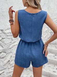 Breezaya 竹節編織藍色無袖連體褲，適用於春夏假期 - 藍色 - 查看 2