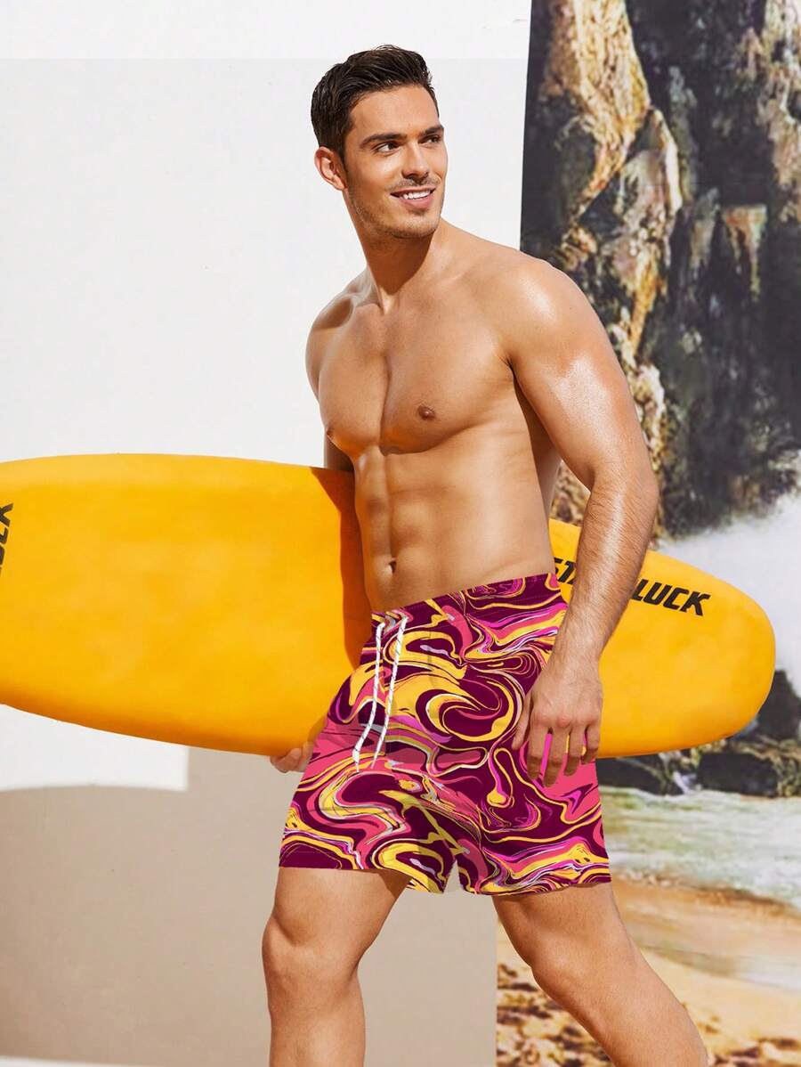 SHEIN X Hangout Fest Manfinity Swimmode Męskie szerokie spodenki plażowe ze sznurkiem i nadrukiem marmuru