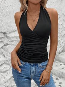 EMERY ROSE Áo không tay cổ chữ V xếp li viền cổ chữ V mùa hè dành cho nữ - màu đen - Xem 3