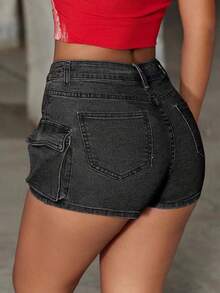 Y2K街頭斜口袋不對稱擺式拉鍊口袋貨車迷你牛仔短褶裙 - 黑色 - 查看 2