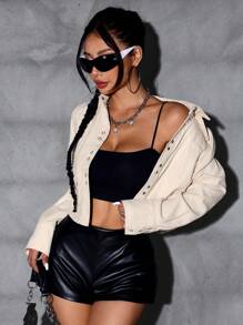 SHEIN ICON Flap Pocket Button Front Denim Jacket For Dailywear - Apricot - View 6