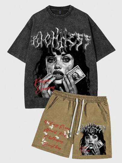 Street Life 2 pièces ensemble de t-shirts à manches courtes vintage lavés avec graphique de portrait pour hommes, été