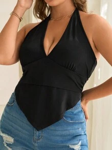 SHEIN Privé 大尺碼優雅深V領黑色露肩領帶時尚街頭或海灘約會時尚兼帶點性感女性夏季背心，配有圍巾般的下擺，校園風格 - 黑色 - 查看 8