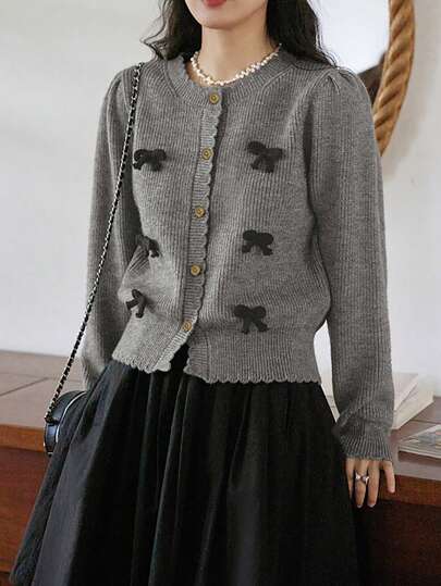 柔风蝴蝶结设计圆领开衫，长袖上衣