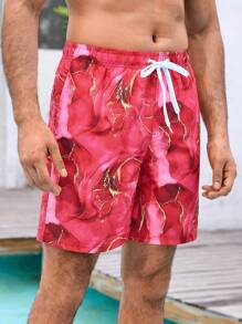 Surfspeed Men's Marble Print Drawstring Elastic Waist Loose Beach Shorts - Red - View 4