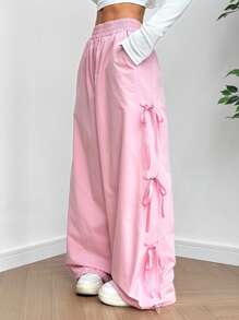 SHEIN EZwear Pantaloni da utilità con cintura elastica a vita alta, tasche e fiocco per le donne - Rosa - Visualizzare 1