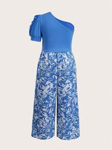 SHEIN Privé Plus Size Elegant Asymmetrical Neck Cap Sleeve Top + Long Blue & White Floral Wide Leg Pants, Summer Beach Vacation Outfit