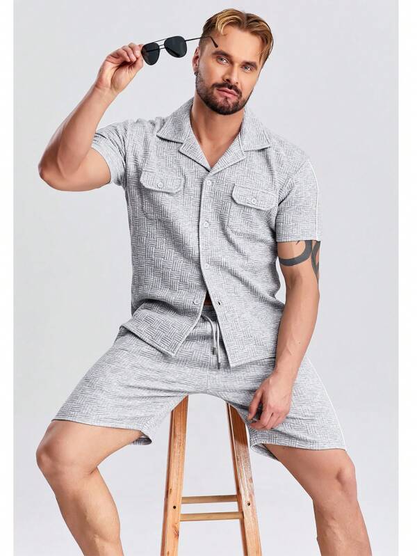 ALLELMS Men Solid Pocket Patched Lapel Neck Shirt & Shorts Set