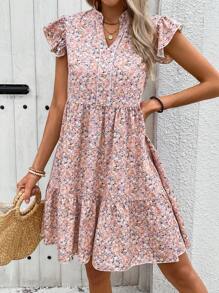 INAWLY Ditsy Floral Print Ruffle Hem Smock Pink Dress - Baby Pink - View 3