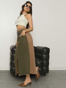 Denimoi High Waist Raw Hem Denim Skirt For Summer - Dark Wash - View 6