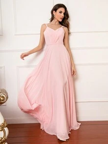 Vestido formal romántico largo hasta el suelo con tirantes en color lila - Rosa Pálido - Ver 5