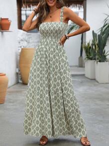 Breezaya Bohemian Vacation Style Printed Dress With Ruffle Hemline, Spaghetti Straps And Slim Fit