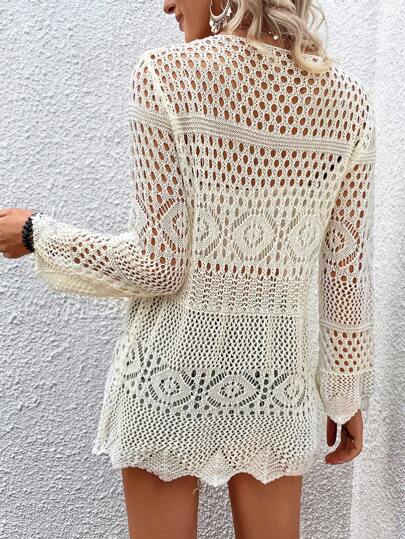 SHEIN Swim 鏤空前繫帶和服罩衫