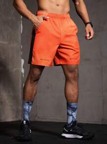Manfinity Running 男友风 男士字母图案撞色侧缝运动短裤 男士跑步短裤 男士健身短裤 橙色短裤 男士健身短裤 男士健身短裤 - 彩色 - 查看 8