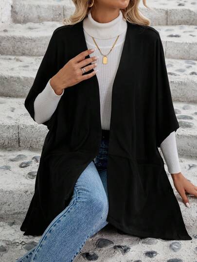 SHEIN LUNE Autumn/Winter Casual Black Cape Style Women's Workwear Jacket, Suitable For Teachers