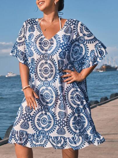 Swim Vcay Plus Size Women's Vacation Plant Print V-Neck Batwing Sleeve Loose Cover Up Dress Summer
