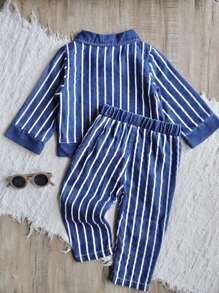 Conjunto de 3 piezas de moda para bebé niño/niña de otoño/invierno con parte superior de manga larga estampada con letras + chaqueta de mezclilla a rayas + pantalón largo de mezclilla a rayas, adecuado para uso diario, campamento, actividades casuales - Azul - Ver 2