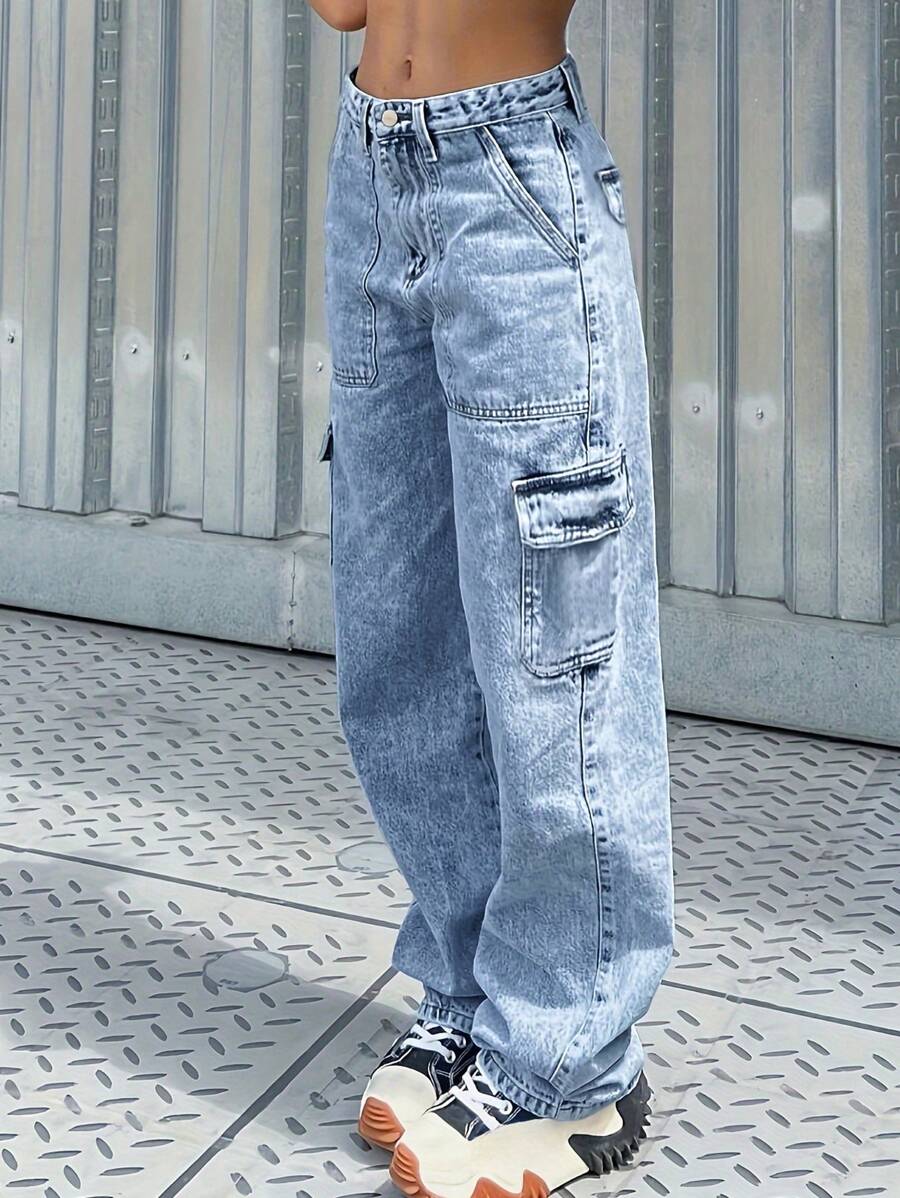 美式极简风格浅色工装牛仔裤，凸显您的身材，工装牛仔裤 - 中等水洗藍 - 查看 1