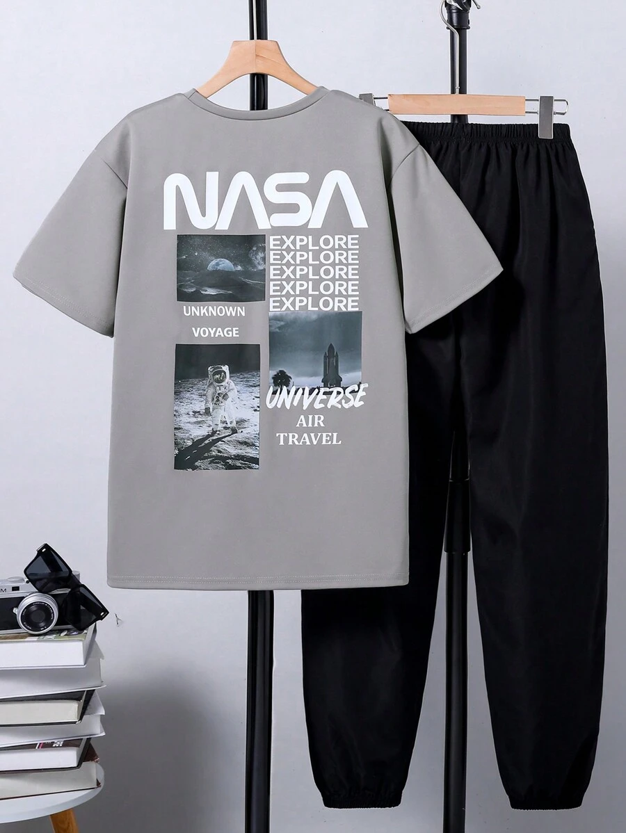 Bộ 2 áo thun thường ngày và quần short dệt kim dành cho tuổi teen dành cho mùa hè - Xám - Xem 1