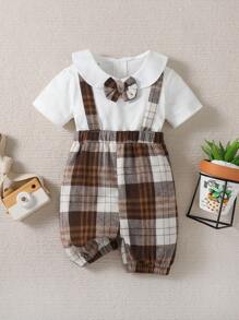 男童时尚格子拼接连体衣 - 卡其色 - 查看 1