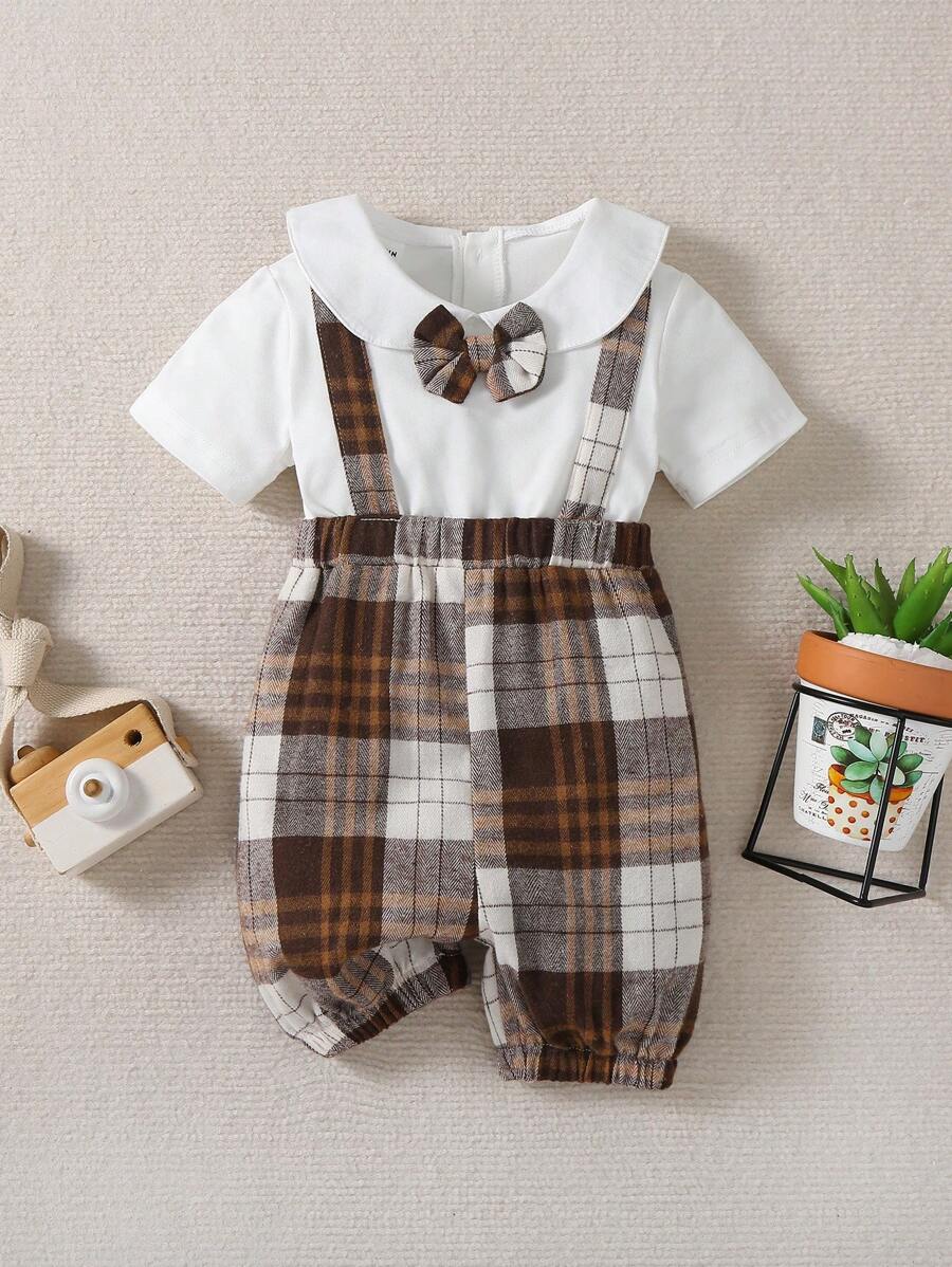 男童时尚格子拼接连体衣 - 卡其色 - 查看 1