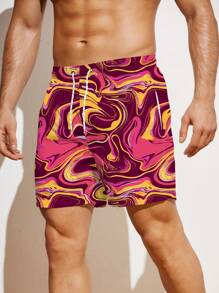 SHEIN X Hangout Fest Manfinity Swimmode Męskie szerokie spodenki plażowe ze sznurkiem i nadrukiem marmuru