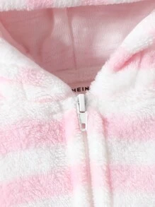 Baby Girls' Comfortable And Cute Pink Striped Animal Shape Hemmed Homewear Set, Hooded Long Sleeve And Long Pants - Pink - View 3