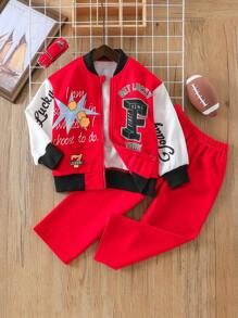 SHEIN Boys Star & Letter Graphic Bomber Jacket & Pants For Dailywear - Red - View 1