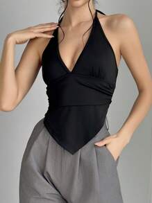 SHEIN Privé 大尺碼優雅深V領黑色露肩領帶時尚街頭或海灘約會時尚兼帶點性感女性夏季背心，配有圍巾般的下擺，校園風格 - 黑色 - 查看 3