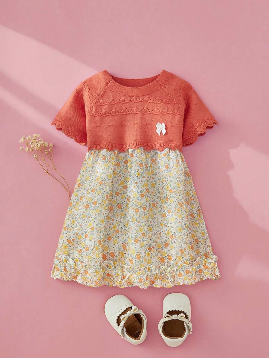 Vestido para bebé niña de mangas raglán y manga corta con cuello redondo y estampado floral de remiendos para verano - Naranja - Ver 1