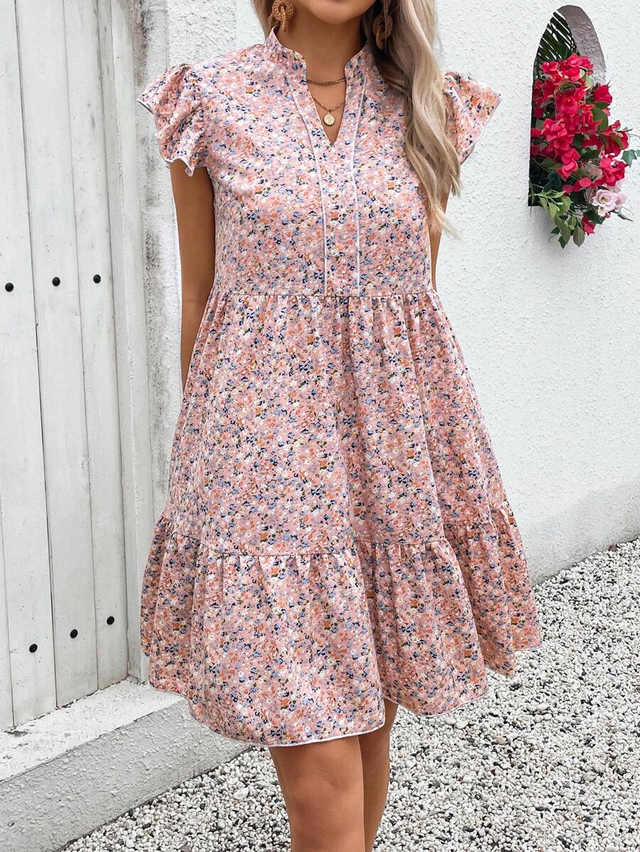 INAWLY Ditsy Floral Print Ruffle Hem Smock Pink Dress - Baby Pink - View 1