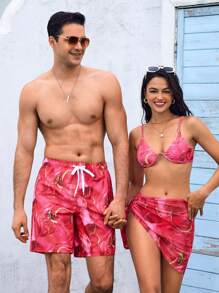 Surfspeed Men's Marble Print Drawstring Elastic Waist Loose Beach Shorts - Red - View 2