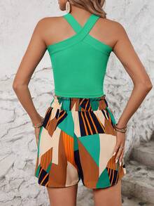 Conjunto de chaleco de cruce frontal de unicolor y shorts estampados - Verde - Ver 2