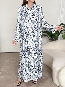 Al Najma Women's Flower Printed Arabian Dress With Long Sleeves, Perfect For Vacation, Modest Full Length Jalabiya, Casual Long Sleeve Dress