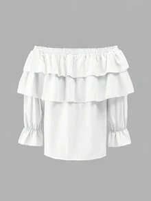 Blusa con hombros descubiertos y volantes, estilo hawaiano bohemio para vacaciones en la playa, unicolor para conciertos en el campo - Blanco - Ver 4