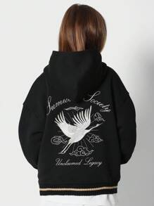 SUMWON Zip Up Hoodie Embroidered Crane Japanese Style Winter Autumn Streetwear Outerwear Legacy Collection Youth Zodiac Bird Pattern Unisex Cozy - Black - View 1