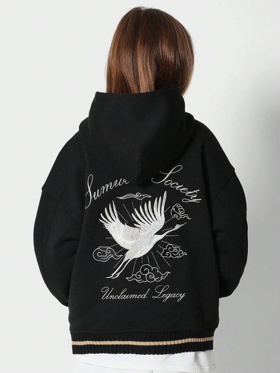 SUMWON Zip Up Hoodie Embroidered Crane Japanese Style Winter Autumn Streetwear Outerwear Legacy Collection Youth Zodiac Bird Pattern Unisex Cozy - Black - View 1