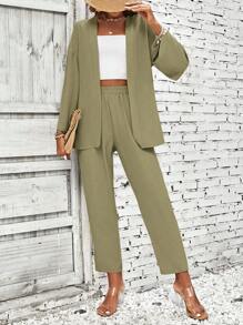 SHEIN LUNE Solid Open Front Coat & Trousers - Army Green - View 6